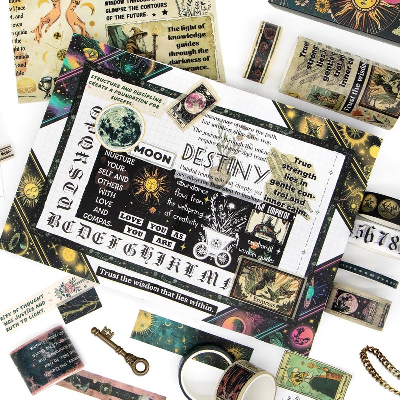 Geesinimo 29 Rolls Washi Tape Set - Tarot Theme Decorative Masking Tape Colored Patterns, Vintage Adhesive Artists Tapes for Journaling Supplies, Diy Crafts, Scrapbooking, Junk Journal Supplies, School Supplies - Image 5